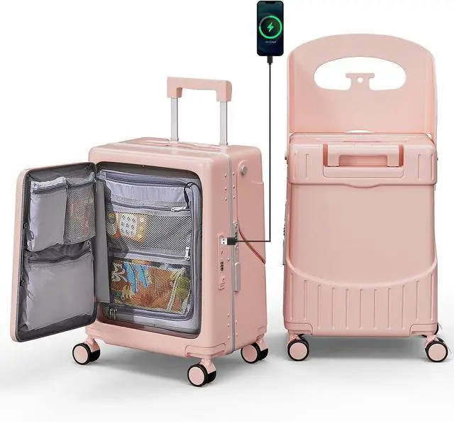 Main image of Apelila 20" Hardshell Carry On Suitcase with Seat, Black Travel Luggage with Front Compartment & 4 Lockable Spinner Wheels, TSA Lock, USB Port, Luggage Cover, Safty Seatbelt Pink