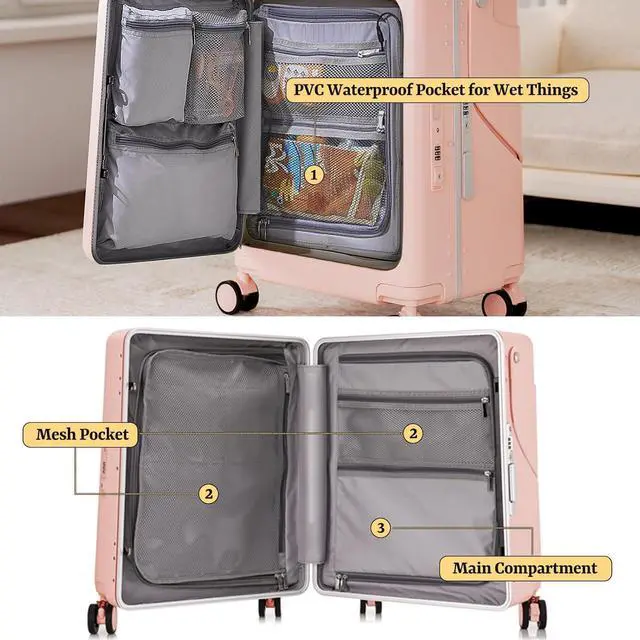 Alt view image 6 of 7 - Apelila 20" Hardshell Carry On Suitcase with Seat, Black Travel Luggage with Front Compartment & 4 Lockable Spinner Wheels, TSA Lock, USB Port, Luggage Cover, Safty Seatbelt Pink