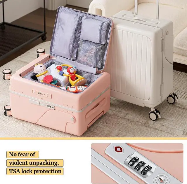 Alt view image 2 of 7 - Apelila 20" Hardshell Carry On Suitcase with Seat, Black Travel Luggage with Front Compartment & 4 Lockable Spinner Wheels, TSA Lock, USB Port, Luggage Cover, Safty Seatbelt Pink
