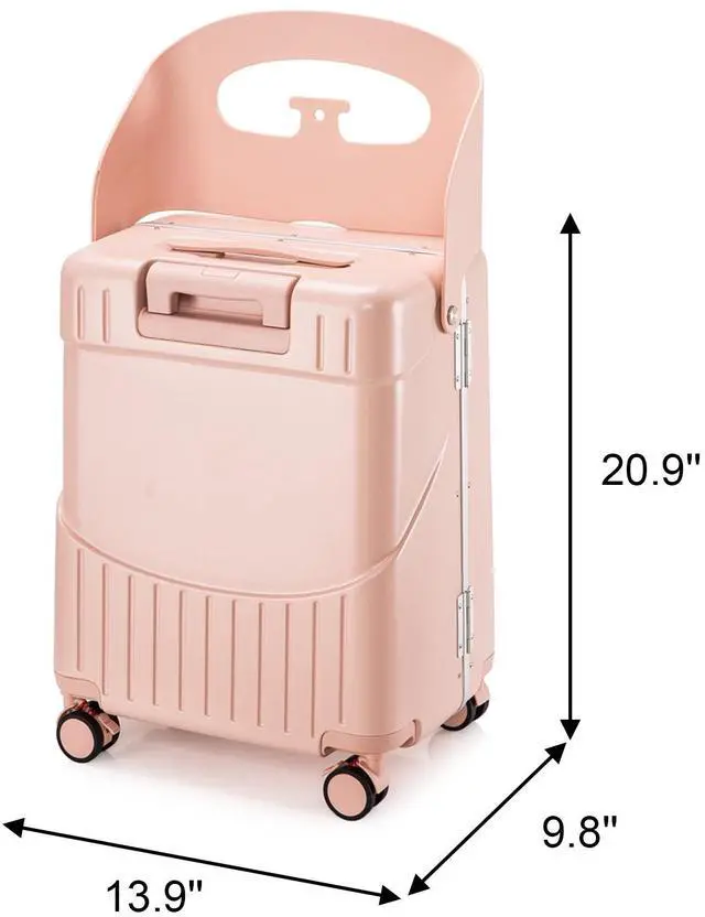 Alt view image 7 of 7 - Apelila 20" Hardshell Carry On Suitcase with Seat, Black Travel Luggage with Front Compartment & 4 Lockable Spinner Wheels, TSA Lock, USB Port, Luggage Cover, Safty Seatbelt Pink