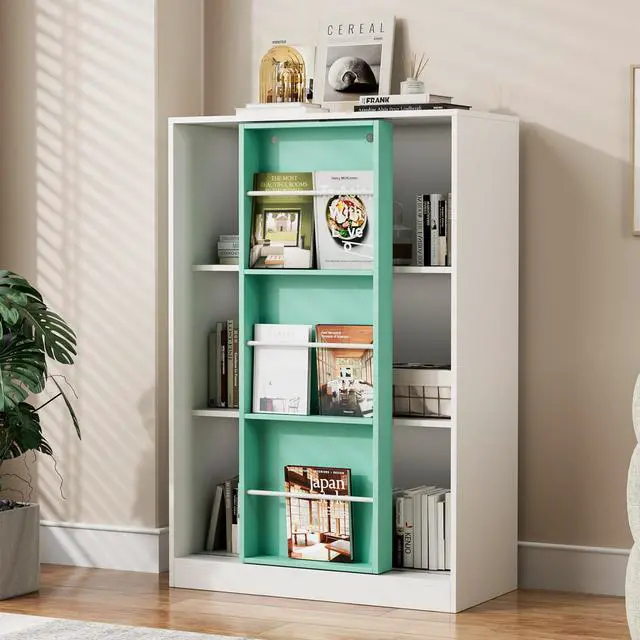 Main image of PulSpeed Modern Bookcase with Sliding Storage Shelf,47" H Solid Wood Bookshelf with with 3 Compartments and Door,Display Organizer for Bedroom Living Room Office Green