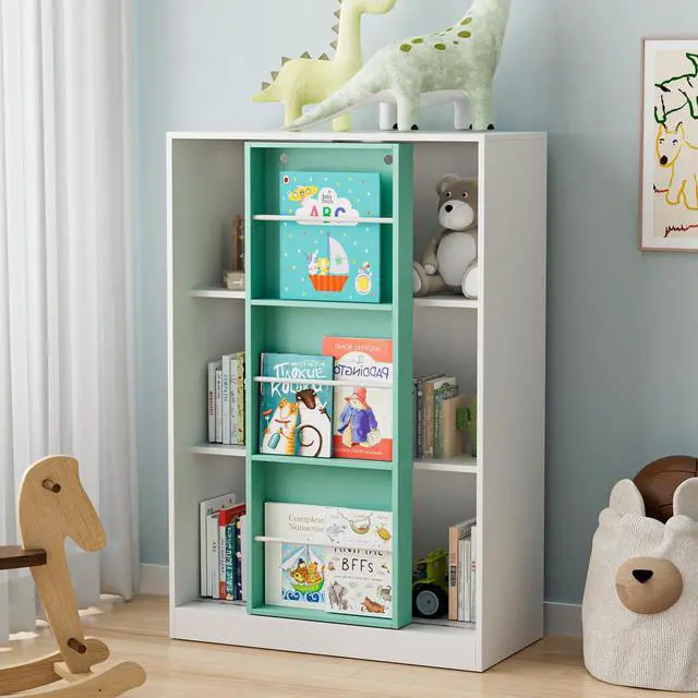 Alt view image 2 of 7 - PulSpeed Modern Bookcase with Sliding Storage Shelf,47" H Solid Wood Bookshelf with with 3 Compartments and Door,Display Organizer for Bedroom Living Room Office Green