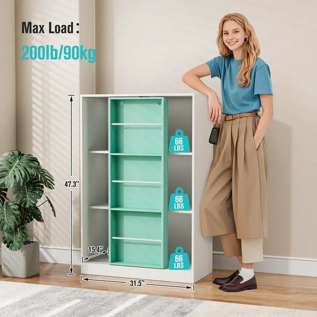 Alt view image 3 of 7 - PulSpeed Modern Bookcase with Sliding Storage Shelf,47" H Solid Wood Bookshelf with with 3 Compartments and Door,Display Organizer for Bedroom Living Room Office Green