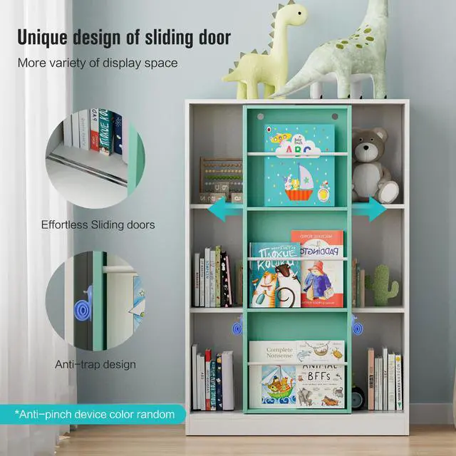 Alt view image 4 of 7 - PulSpeed Modern Bookcase with Sliding Storage Shelf,47" H Solid Wood Bookshelf with with 3 Compartments and Door,Display Organizer for Bedroom Living Room Office Green