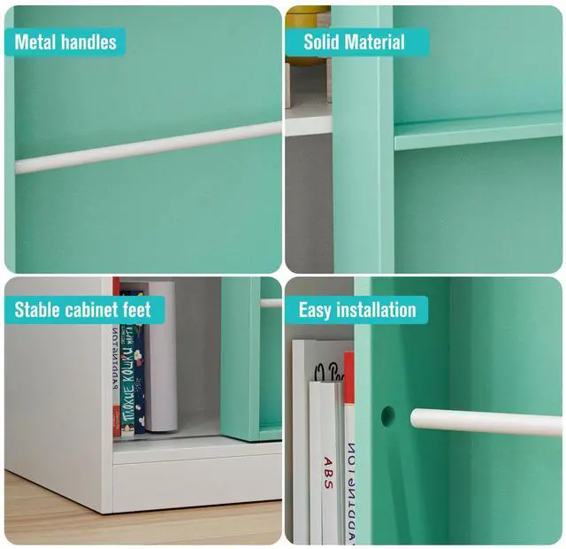 Alt view image 6 of 7 - PulSpeed Modern Bookcase with Sliding Storage Shelf,47" H Solid Wood Bookshelf with with 3 Compartments and Door,Display Organizer for Bedroom Living Room Office Green