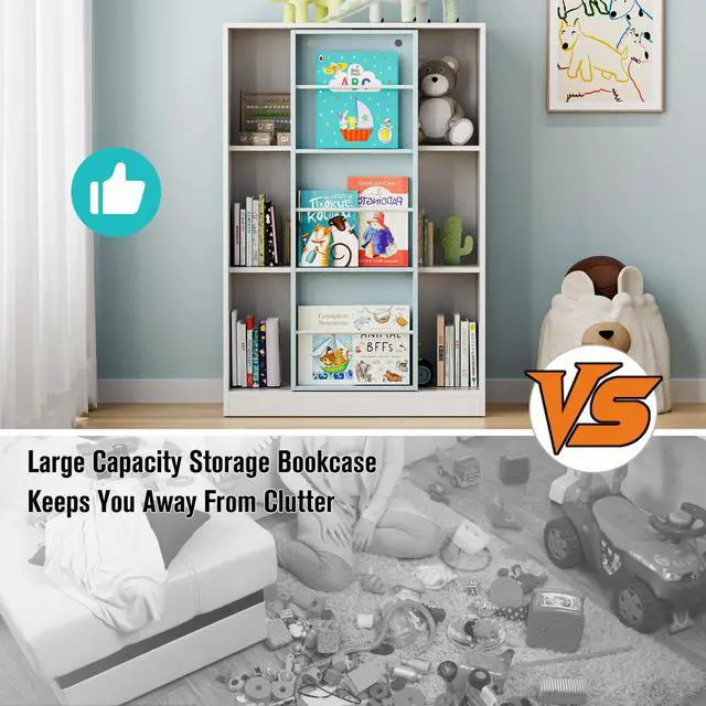Alt view image 5 of 7 - PulSpeed Modern Bookcase with Sliding Storage Shelf,47" H Solid Wood Bookshelf with with 3 Compartments and Door,Display Organizer for Bedroom Living Room Office light blue