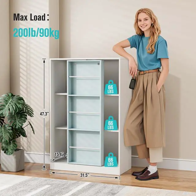 Alt view image 3 of 7 - PulSpeed Modern Bookcase with Sliding Storage Shelf,47" H Solid Wood Bookshelf with with 3 Compartments and Door,Display Organizer for Bedroom Living Room Office light blue