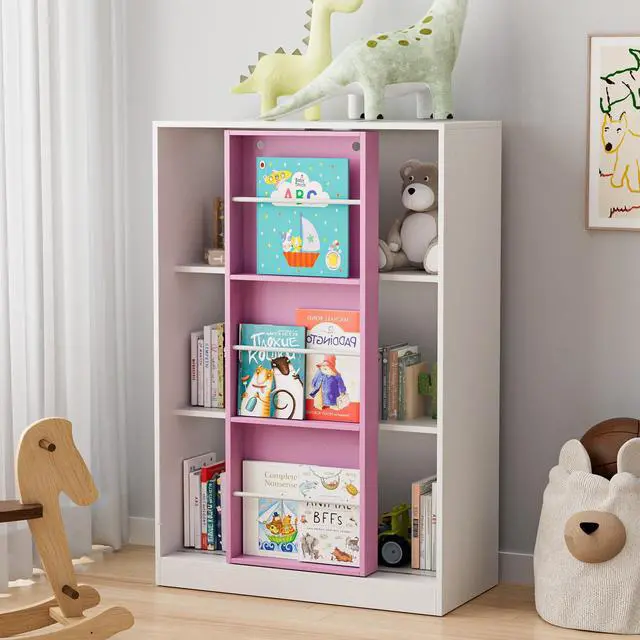Alt view image 2 of 7 - PulSpeed Modern Bookcase with Sliding Storage Shelf,47" H Solid Wood Bookshelf with with 3 Compartments and Door,Display Organizer for Bedroom Living Room Office Pink