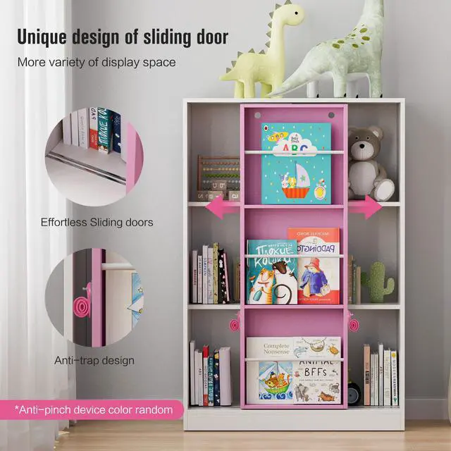 Alt view image 4 of 7 - PulSpeed Modern Bookcase with Sliding Storage Shelf,47" H Solid Wood Bookshelf with with 3 Compartments and Door,Display Organizer for Bedroom Living Room Office Pink