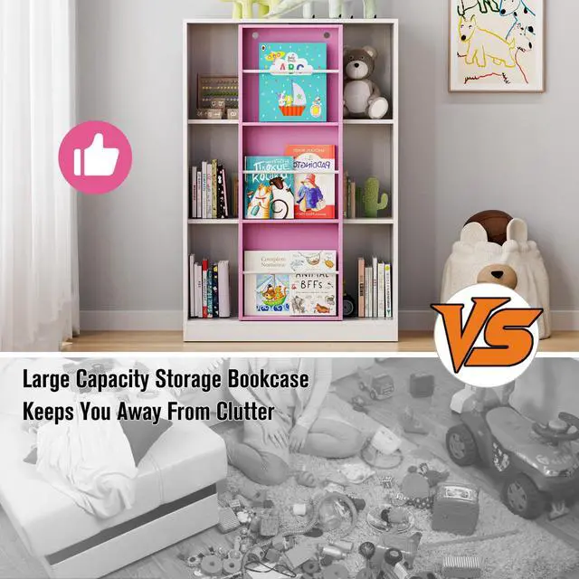 Alt view image 5 of 7 - PulSpeed Modern Bookcase with Sliding Storage Shelf,47" H Solid Wood Bookshelf with with 3 Compartments and Door,Display Organizer for Bedroom Living Room Office Pink