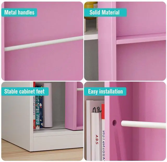 Alt view image 6 of 7 - PulSpeed Modern Bookcase with Sliding Storage Shelf,47" H Solid Wood Bookshelf with with 3 Compartments and Door,Display Organizer for Bedroom Living Room Office Pink
