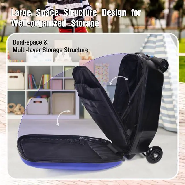 Alt view image 3 of 7 - Fridtrip Scooter Luggage for Kids,Foldable Carry on Kids Suitcase,Lightweight Ride On Scooter Suitcase Blue