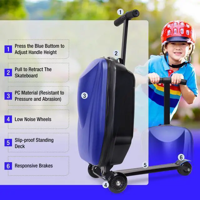 Alt view image 6 of 7 - Fridtrip Scooter Luggage for Kids,Foldable Carry on Kids Suitcase,Lightweight Ride On Scooter Suitcase Blue