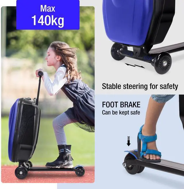 Alt view image 7 of 7 - Fridtrip Scooter Luggage for Kids,Foldable Carry on Kids Suitcase,Lightweight Ride On Scooter Suitcase Blue