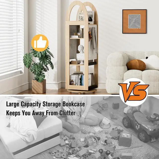 Alt view image 5 of 7 - 360° Rotating Bookshelf Tall
Solid Wood Bookcase With 4 Tier Floor Standing Storage
Corner Book Shelf for Small Space Office Bedroom Study Room Living Room