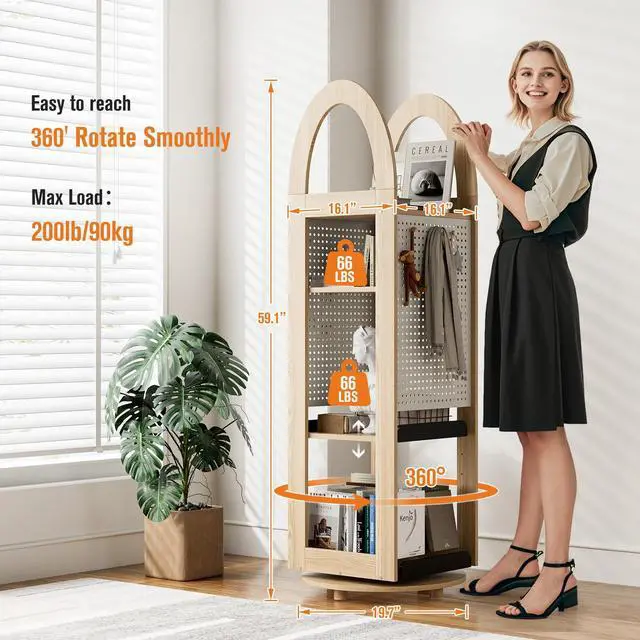 Alt view image 2 of 7 - 360° Rotating Bookshelf Tall
Solid Wood Bookcase With 4 Tier Floor Standing Storage
Corner Book Shelf for Small Space Office Bedroom Study Room Living Room