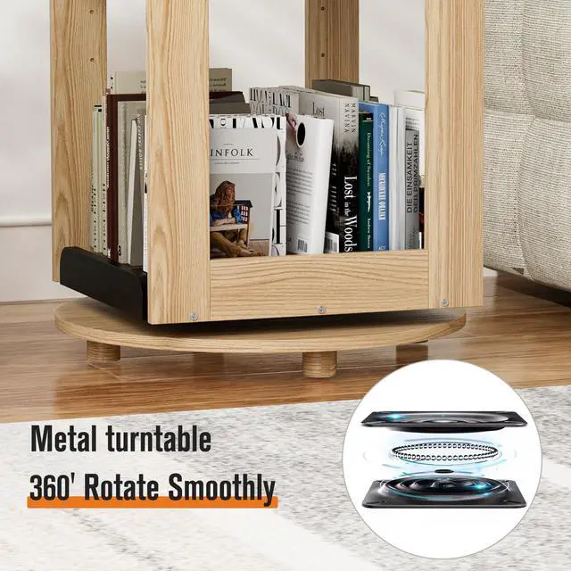 Alt view image 4 of 7 - 360° Rotating Bookshelf Tall
Solid Wood Bookcase With 4 Tier Floor Standing Storage
Corner Book Shelf for Small Space Office Bedroom Study Room Living Room