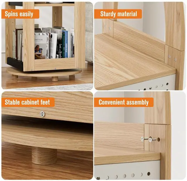 Alt view image 6 of 7 - 360° Rotating Bookshelf Tall
Solid Wood Bookcase With 4 Tier Floor Standing Storage
Corner Book Shelf for Small Space Office Bedroom Study Room Living Room