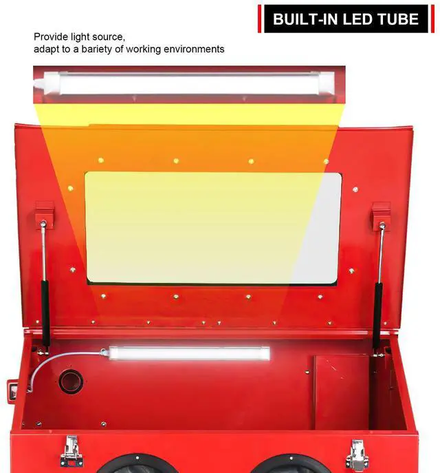 Alt view image 6 of 7 - 90 Gallon Sandblasting Cabinet with 1.8 Gallon Dust Collector  Heavy Duty Blast Cabinet with LED Lights, Blasting Gun & 4 Nozzles, Floor Stand for Paint & Rust Removal, Industrial Sand Blaster