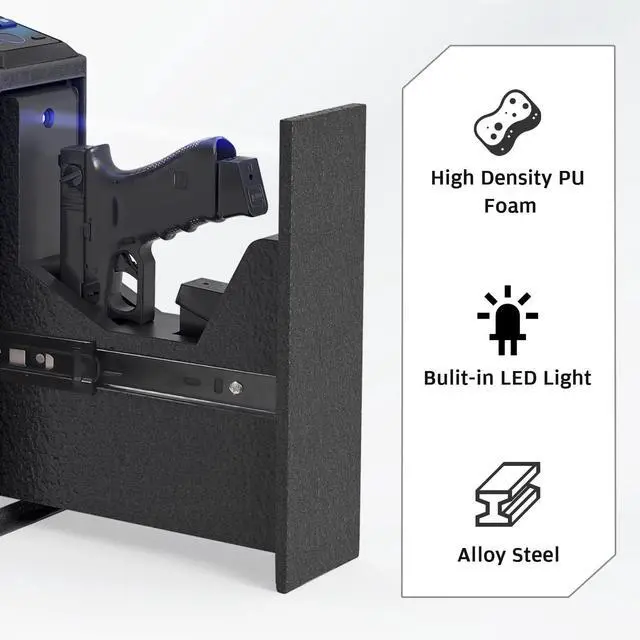 Alt view image 5 of 7 - Biometric Gun Safe for Handgun, Mounted Pistol Safe with Quick Access Sliding Door, Hand Gun Storage for Nightstand, Desk, Vehicle - with Fingerprint, PIN Code, KEY Access