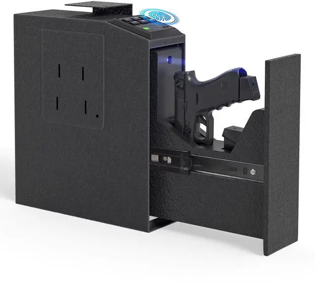 Main image of Biometric Gun Safe for Handgun, Mounted Pistol Safe with Quick Access Sliding Door, Hand Gun Storage for Nightstand, Desk, Vehicle - with Fingerprint, PIN Code, KEY Access