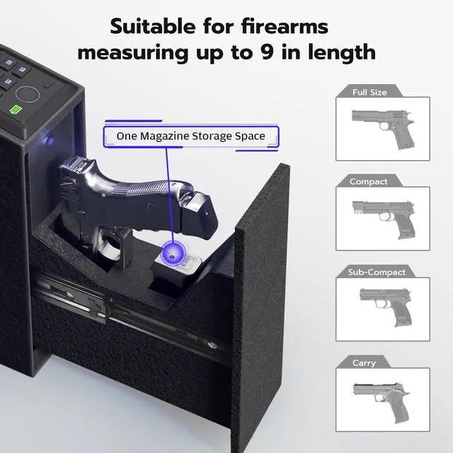 Alt view image 3 of 7 - Biometric Gun Safe for Handgun, Mounted Pistol Safe with Quick Access Sliding Door, Hand Gun Storage for Nightstand, Desk, Vehicle - with Fingerprint, PIN Code, KEY Access