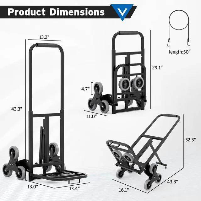 Alt view image 2 of 7 - Stair Climbing Dolly Cart with 330 lbs Capacity, Heavy Duty Stair Climber Cart with Rope and Telescoping Handle, Foldable Hand Truck with Wheels for Shopping, Moving