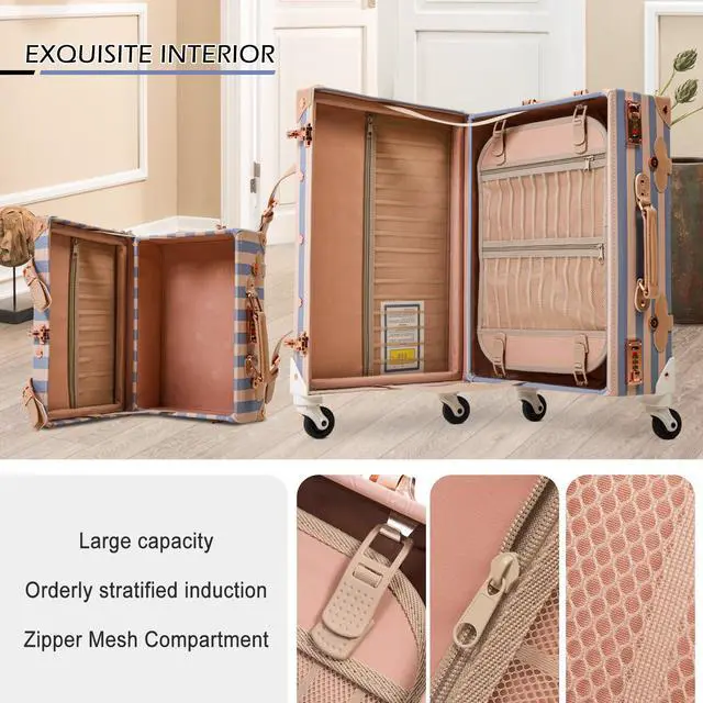 Alt view image 3 of 7 - Apelila 2 Piece Vintage Luggage Set (Pink, 20"+12") PU Leather Luggage with Spinner Wheels, Lightweight Suitcase for Travel Creamy Blue