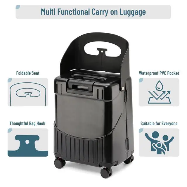 Alt view image 4 of 7 - 20" Carry On Luggage with Foldable Seat for Child and Adult,TSA Lock Lockable 360° Spinner Wheels Kid Luggage,Travel Suitcase Safety Seatbelt Free Luggage Cover Black
