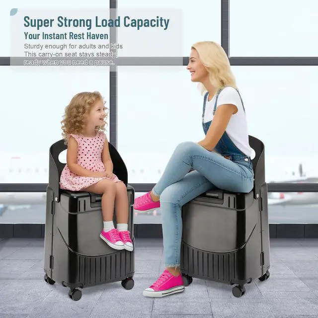Alt view image 5 of 7 - 20" Carry On Luggage with Foldable Seat for Child and Adult,TSA Lock Lockable 360° Spinner Wheels Kid Luggage,Travel Suitcase Safety Seatbelt Free Luggage Cover Black