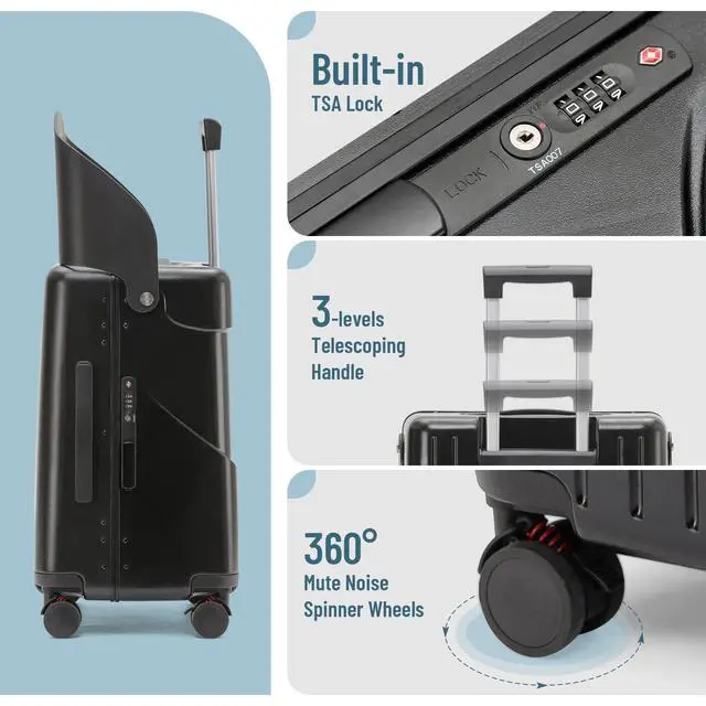 Alt view image 6 of 7 - 20" Carry On Luggage with Foldable Seat for Child and Adult,TSA Lock Lockable 360° Spinner Wheels Kid Luggage,Travel Suitcase Safety Seatbelt Free Luggage Cover Black