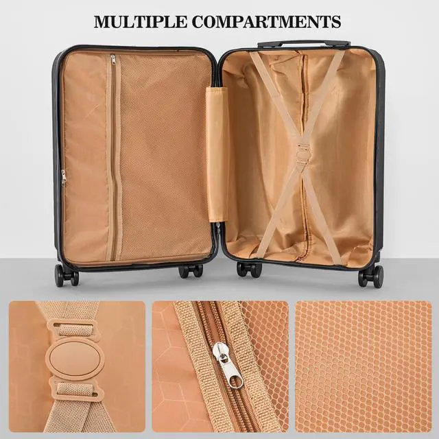 Alt view image 7 of 7 - Apelila 4 Piece Hardshell Luggage Sets,Travel Suitcase,Carry On Luggage with Spinner Wheels Free Cover&Hanger Inside Black