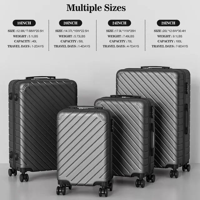 Alt view image 5 of 7 - Apelila 4 Piece Hardshell Luggage Sets,Travel Suitcase,Carry On Luggage with Spinner Wheels Free Cover&Hanger Inside Black