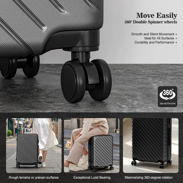 Alt view image 4 of 7 - Apelila 4 Piece Hardshell Luggage Sets,Travel Suitcase,Carry On Luggage with Spinner Wheels Free Cover&Hanger Inside Black