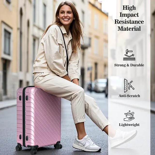 Alt view image 2 of 7 - Apelila 4 Piece Hardshell Luggage Sets,Travel Suitcase,Carry On Luggage with Spinner Wheels Free Cover&Hanger Inside Light Pink