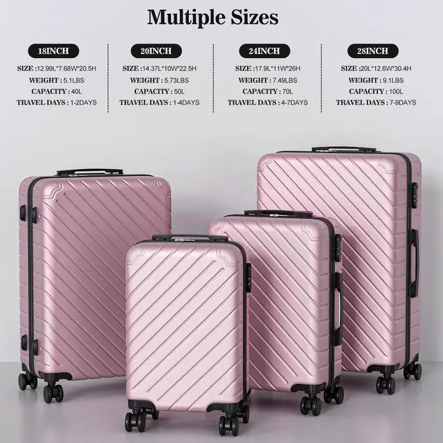 Alt view image 4 of 7 - Apelila 4 Piece Hardshell Luggage Sets,Travel Suitcase,Carry On Luggage with Spinner Wheels Free Cover&Hanger Inside Light Pink