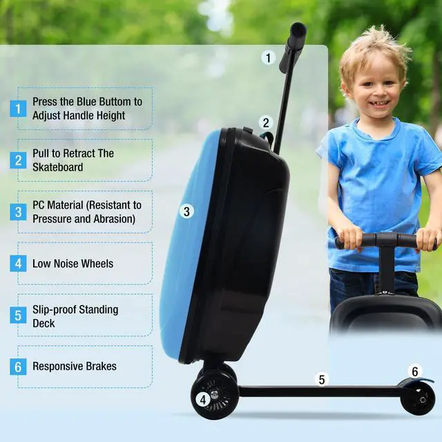Alt view image 5 of 7 - Apelila 20" Scooter Suitcase for Kids, 2-in-1 Ride On Luggage with Wheels for Boys & Girls Ages 4-15, Foldable Hardshell Carry On Lightweight Travel Suitcase for Airplane