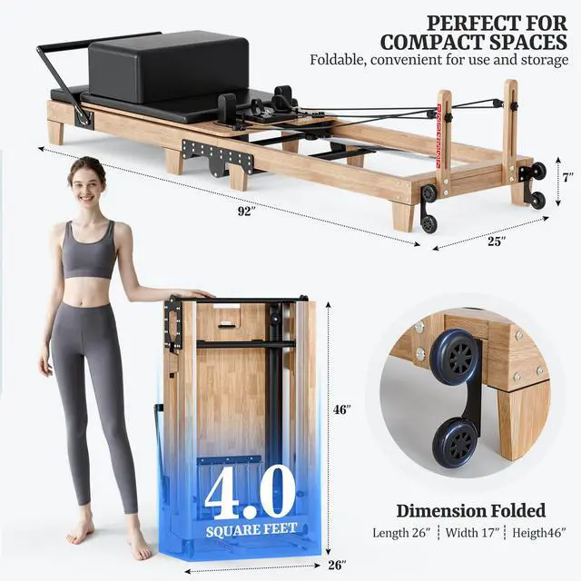 Alt view image 6 of 7 - Oarlike Wooden Pilates Reformer Machine 91" Foldable Home Gym Equipment with Adjustable Height, 500LBS Capacity, Jump Board & Smooth Wheels for Core Training