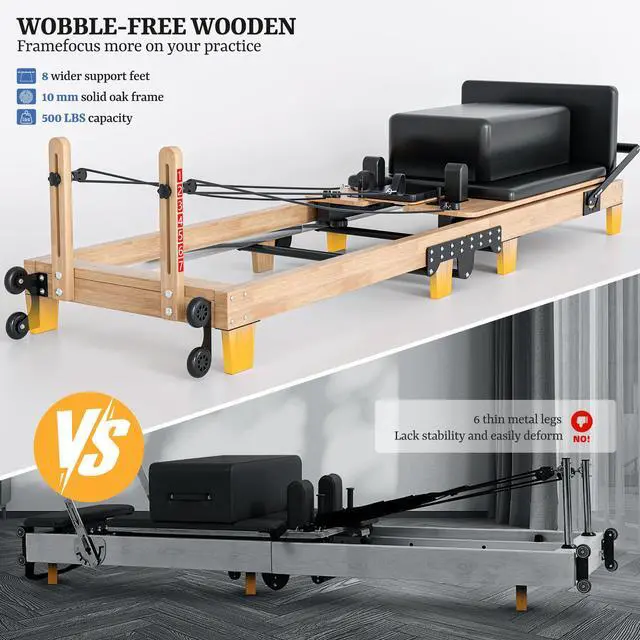 Alt view image 3 of 7 - Oarlike Wooden Pilates Reformer Machine 91" Foldable Home Gym Equipment with Adjustable Height, 500LBS Capacity, Jump Board & Smooth Wheels for Core Training