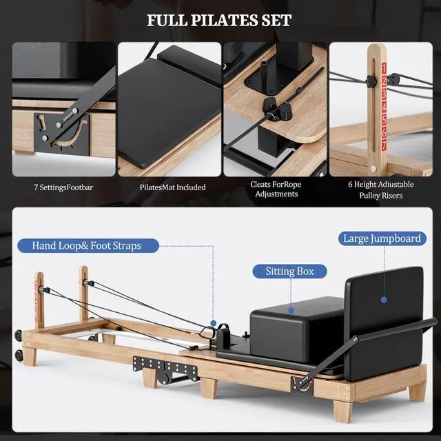 Alt view image 5 of 7 - Oarlike Wooden Pilates Reformer Machine 91" Foldable Home Gym Equipment with Adjustable Height, 500LBS Capacity, Jump Board & Smooth Wheels for Core Training