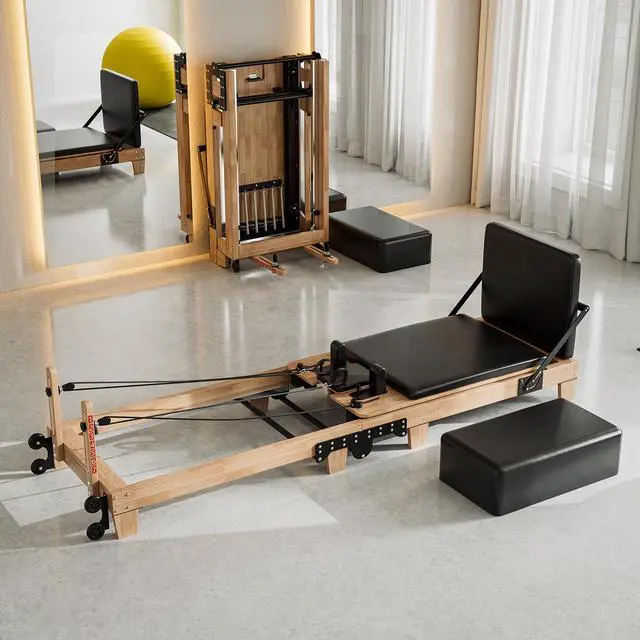 Alt view image 2 of 7 - Oarlike Wooden Pilates Reformer Machine 91" Foldable Home Gym Equipment with Adjustable Height, 500LBS Capacity, Jump Board & Smooth Wheels for Core Training