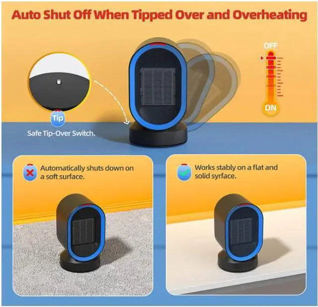 Alt view image 5 of 7 - Portable Space Heater, NOZZKOOP Personal Desk Heater for office, Small heater with tip over and Overheat Protection, KIOUDlC Oscillating Electric Ceramic Space Heater for indoor use and bedroom