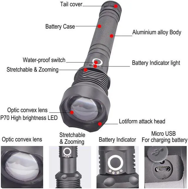 Alt view image 3 of 7 - Manufacturer High Power High Brightness 1000 Lumens Aluminium alloy Rechargeable LED Flashlight USB Charging