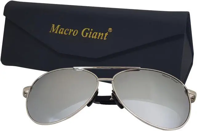 Alt view image 3 of 6 - Macro Giant Classic Drop Shape Sunglasses, Silver Frame, Mirror Silver Lens, Polarized, 100% UV Protection, UV 400 With Case, Military Style, Al-Mg