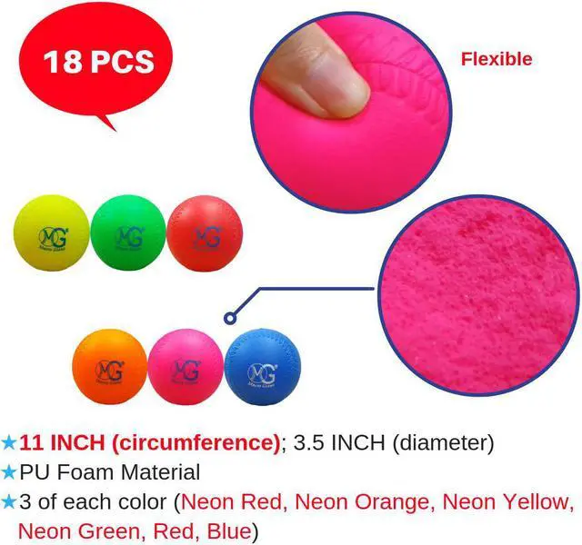 Alt view image 3 of 4 - Macro Giant 11 Inch (Circum.) 3.5 Inch (Dia.) PU Foam Softball, Set of 18, Multi-Color, Baseball Training Practice, Playground Ball, Parenting Activity