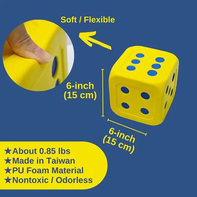 Alt view image 3 of 3 - Macro Giant 6 Inch PU Foam Jumbo Big Playing Dice, Set of 2, Yellow, Math Teaching, Teaching Aids, Board Games, Kid Toy