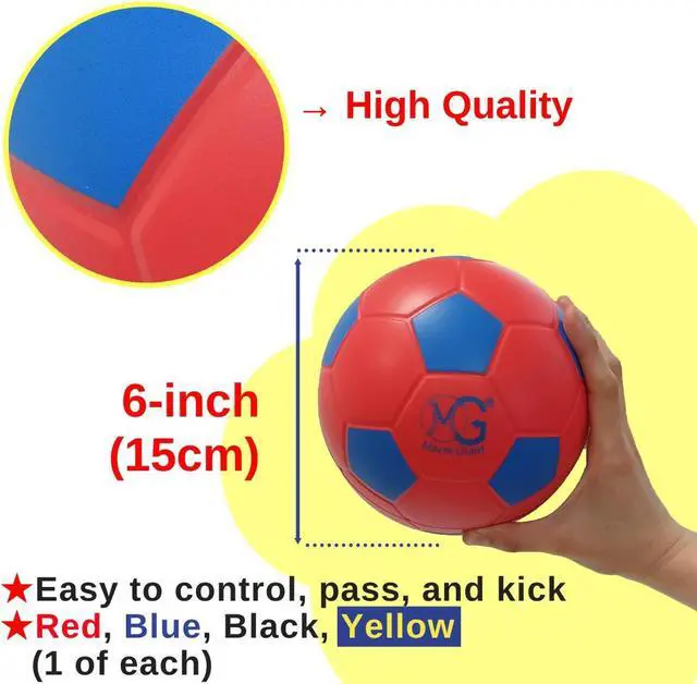 Alt view image 3 of 6 - Macro Giant 6 Inch (Dia.) PU Foam Soccer, Set of 4, Red, Blue, Black, Yellow Colors, Training, Practice, Playground Ball, Kid Sports, Kickball, Beginner, Physical Education Exercise
