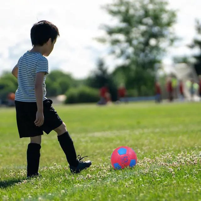 Alt view image 5 of 6 - Macro Giant 6 Inch (Dia.) PU Foam Soccer, Set of 4, Red, Blue, Black, Yellow Colors, Training, Practice, Playground Ball, Kid Sports, Kickball, Beginner, Physical Education Exercise