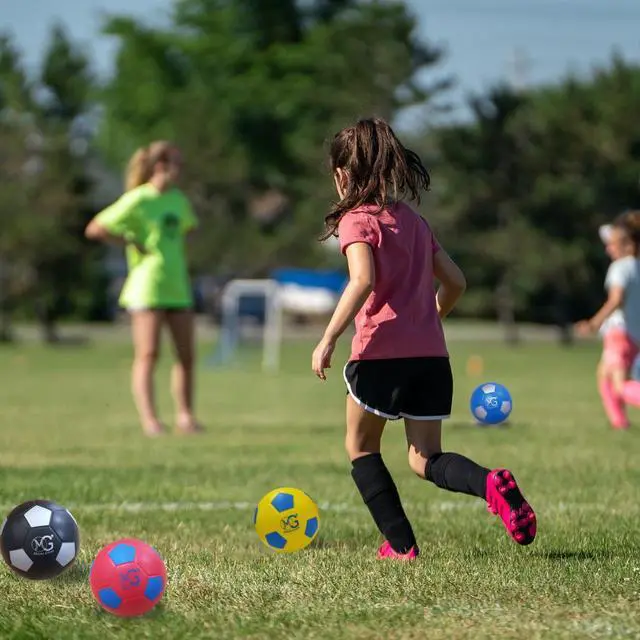 Alt view image 2 of 6 - Macro Giant 6 Inch (Dia.) PU Foam Soccer, Set of 4, Red, Blue, Black, Yellow Colors, Training, Practice, Playground Ball, Kid Sports, Kickball, Beginner, Physical Education Exercise