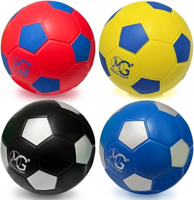Main image of Macro Giant 6 Inch (Dia.) PU Foam Soccer, Set of 4, Red, Blue, Black, Yellow Colors, Training, Practice, Playground Ball, Kid Sports, Kickball, Beginner, Physical Education Exercise